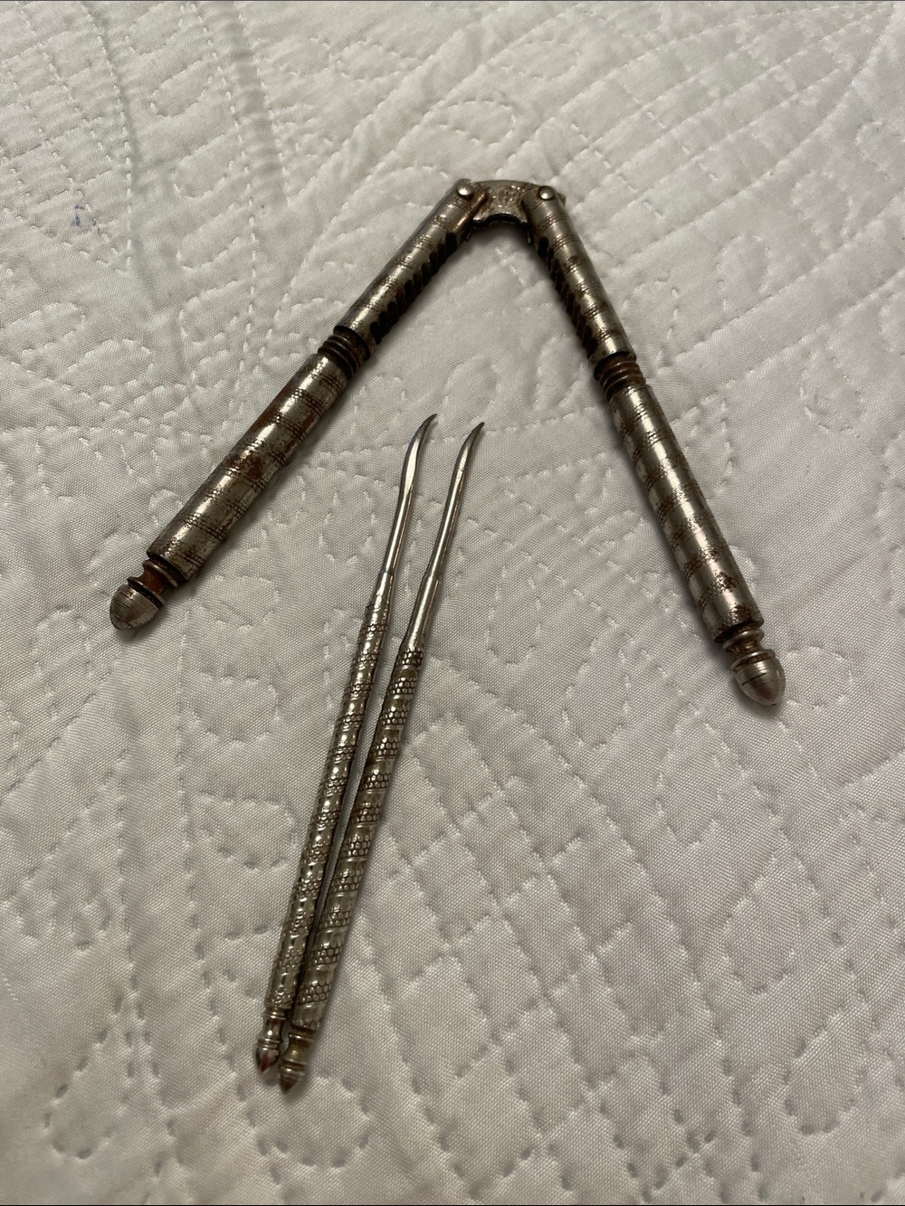 MCM Vintage HMQ Silver Tone Nutcracker with Two Matching Nut Picks